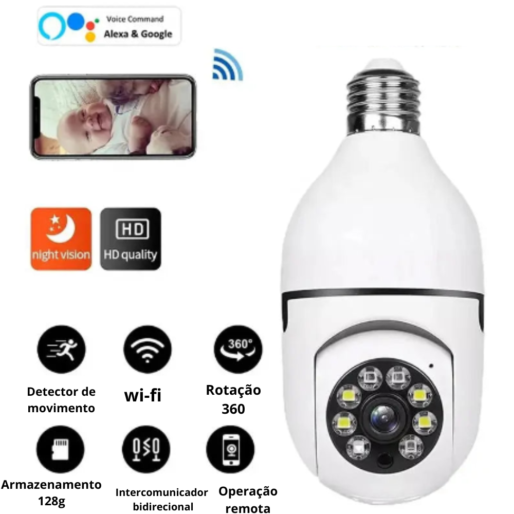 Câmera de segurança wifi ip sem fio 360 encaixe lãmpada visão noturna