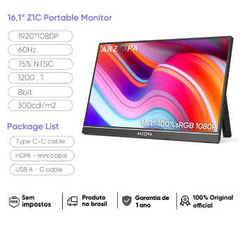 Monitor Portátil FHD 1080P IPS USB-C Mini-HDMI Segunda Tela Externa para Mac Laptop PC Switch Xbox PS4/5 Xbox com suporte embutido